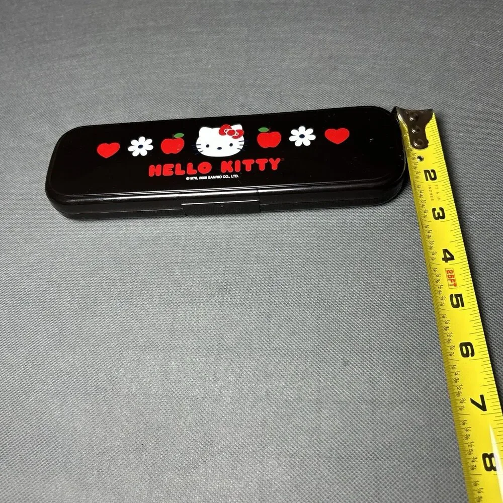 Sanrio Hello Kitty Pencil Case 2008 Black W/Red Apple Heart White Flower-Plastic